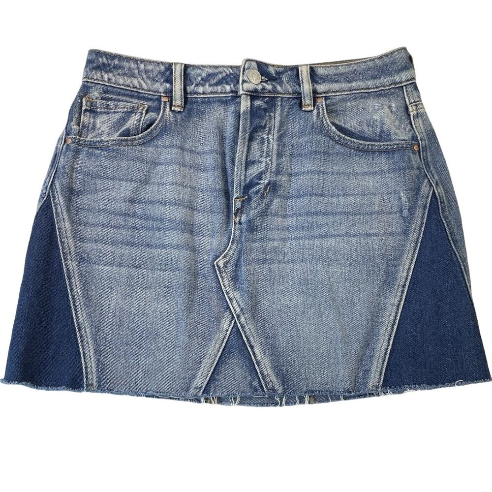 Pacsun Jean Skirt Cutoff Light Dark Wash Denim Blue Fringe Southwestern Rodeo 26